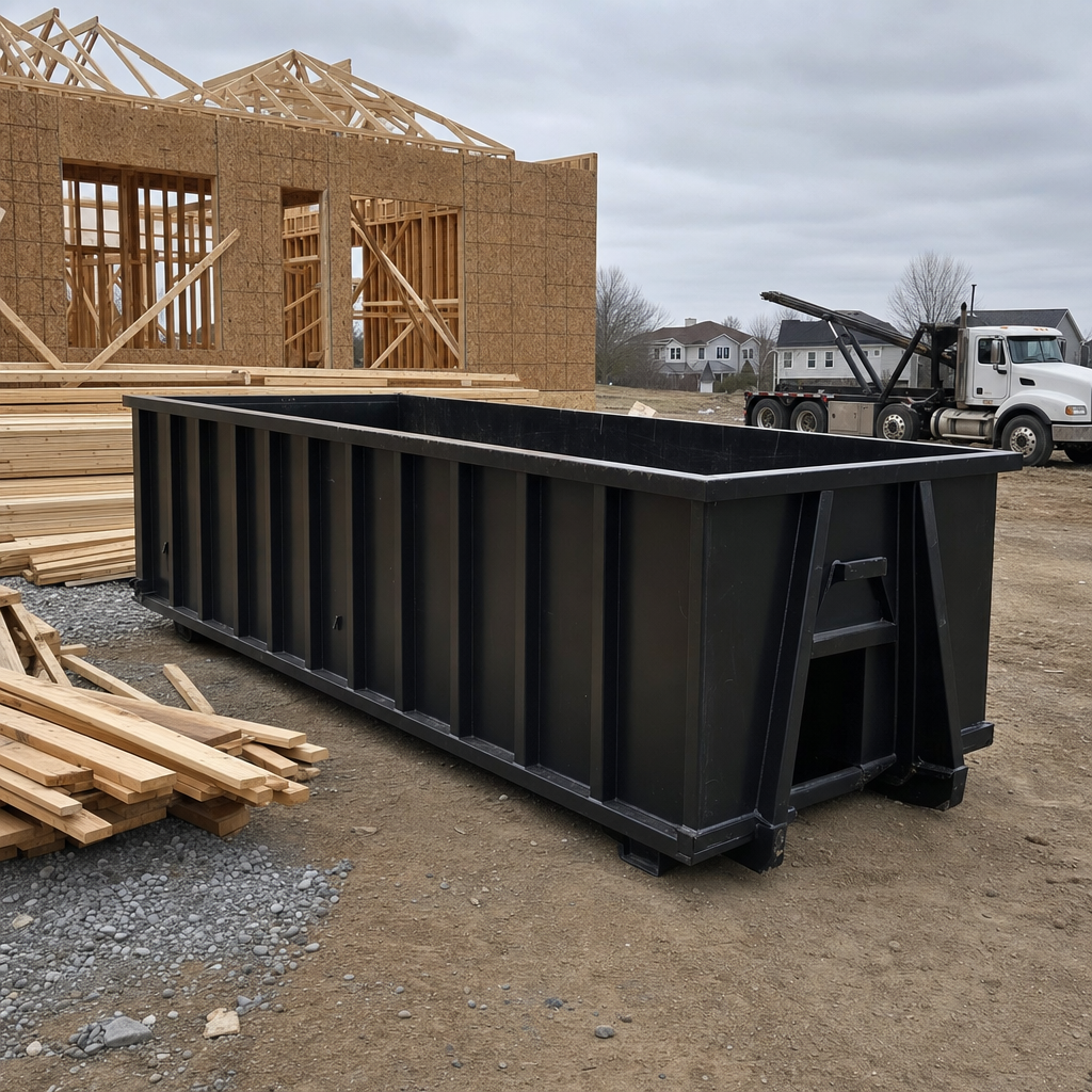 Matte-black 40-yard roll-off dumpster staged on a framed-out residential construction site in Fort Smith, framing lumber stacked nearby, hooklift delivery truck visible in the background under bright Colorado daylight
