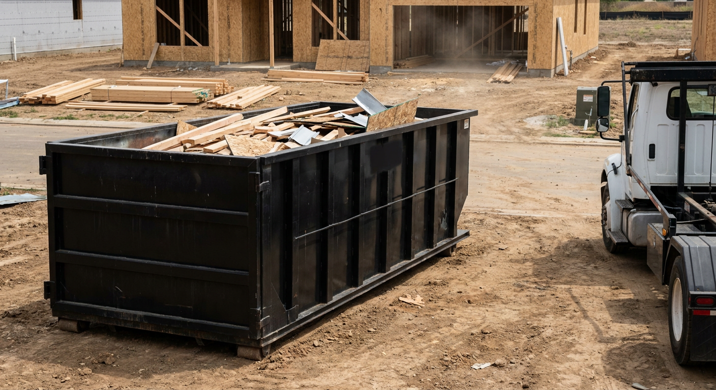 Matte-black 20-yard roll-off construction dumpster with heavy ribbed steel sidewalls and swing rear doors at a working jobsite in Fort Smith, sitting directly on compacted dirt with an unmarked white hauler partially visible at the far edge of the frame.