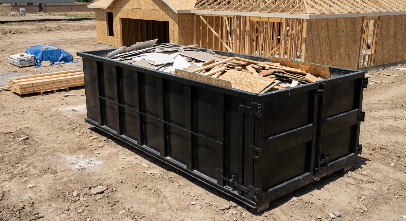 Matte-black 30-yard roll-off construction dumpster sitting directly on the compacted-dirt site of a framed single-family home build in Fort Smith, drywall and lumber scrap loaded inside.
