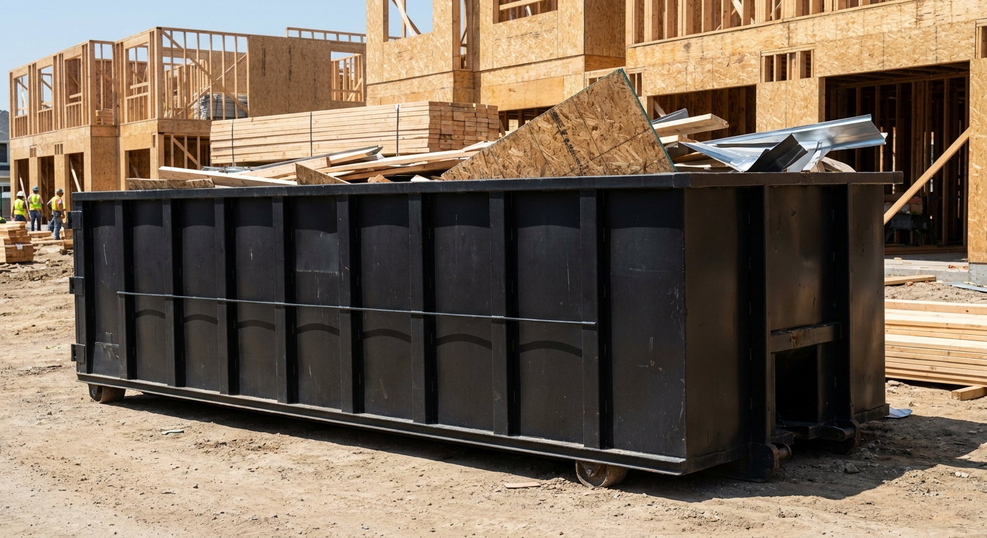 Matte-black 40-yard roll-off construction dumpster being lowered from a white-cab hooklift delivery truck onto the compacted-dirt jobsite at a commercial build site in Fort Smith