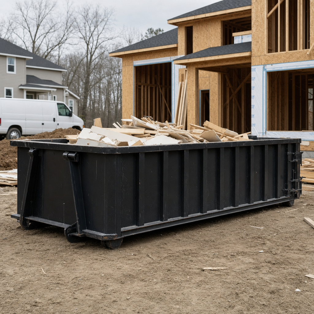 Worker in a yellow high-visibility vest tossing framing lumber and broken drywall into a matte-black 30-yard construction roll-off dumpster on an active build site in Fort Smith, bright daylight