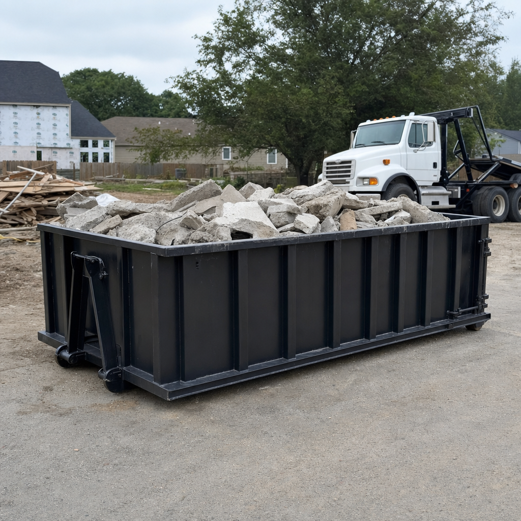 Low-profile matte-black lowboy roll-off dumpster loaded with broken concrete slab and rebar at a foundation tear-out in Fort Smith, skid steer parked beside it, sunny Colorado morning