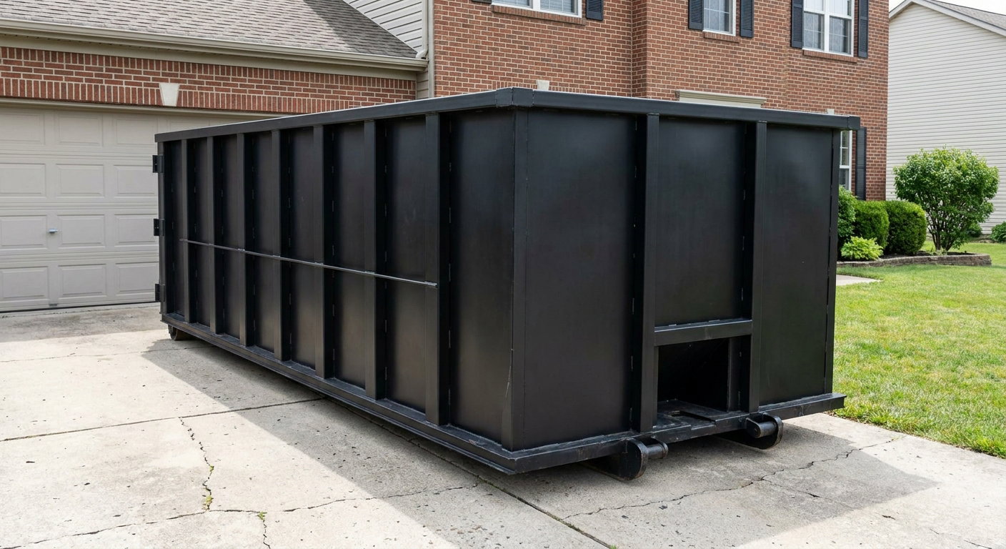 Matte-black 20-yard roll-off container on a Fort Smith residential concrete driveway with reinforced ribbed steel sidewalls and a hinged rear walk-in door, clean bright daylight.