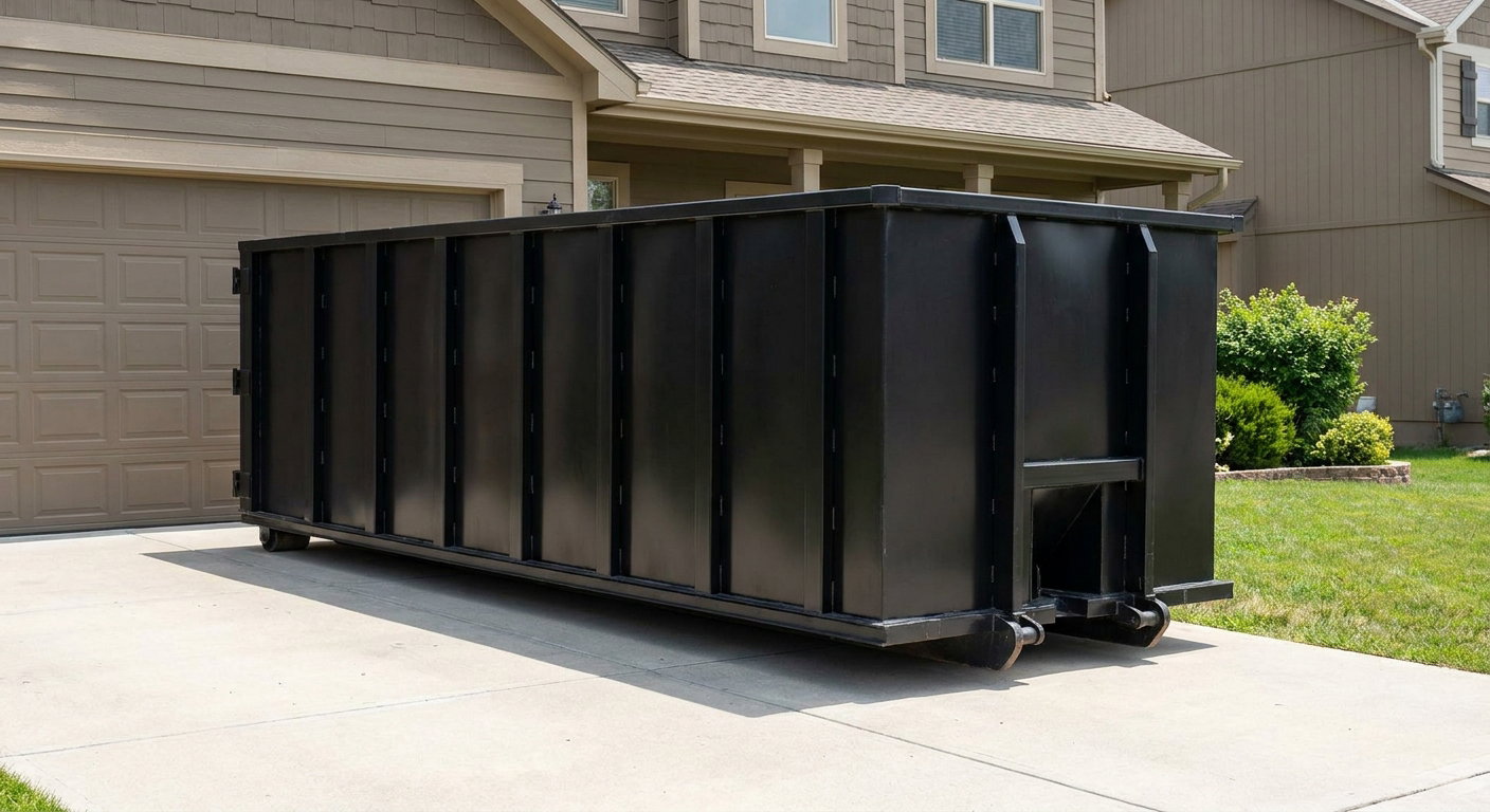 Matte-black residential roll-off dumpster sitting directly on a suburban Fort Smith concrete driveway, garage door closed, single-family home in background, bright morning daylight.