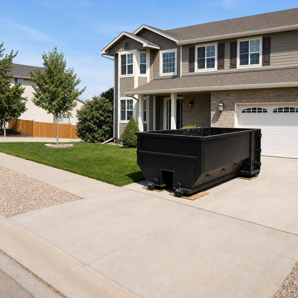 10-yard matte-black residential dumpster placed directly on a narrow Fort Smith concrete driveway, room remains for a parked sedan beside it, mid-morning natural light