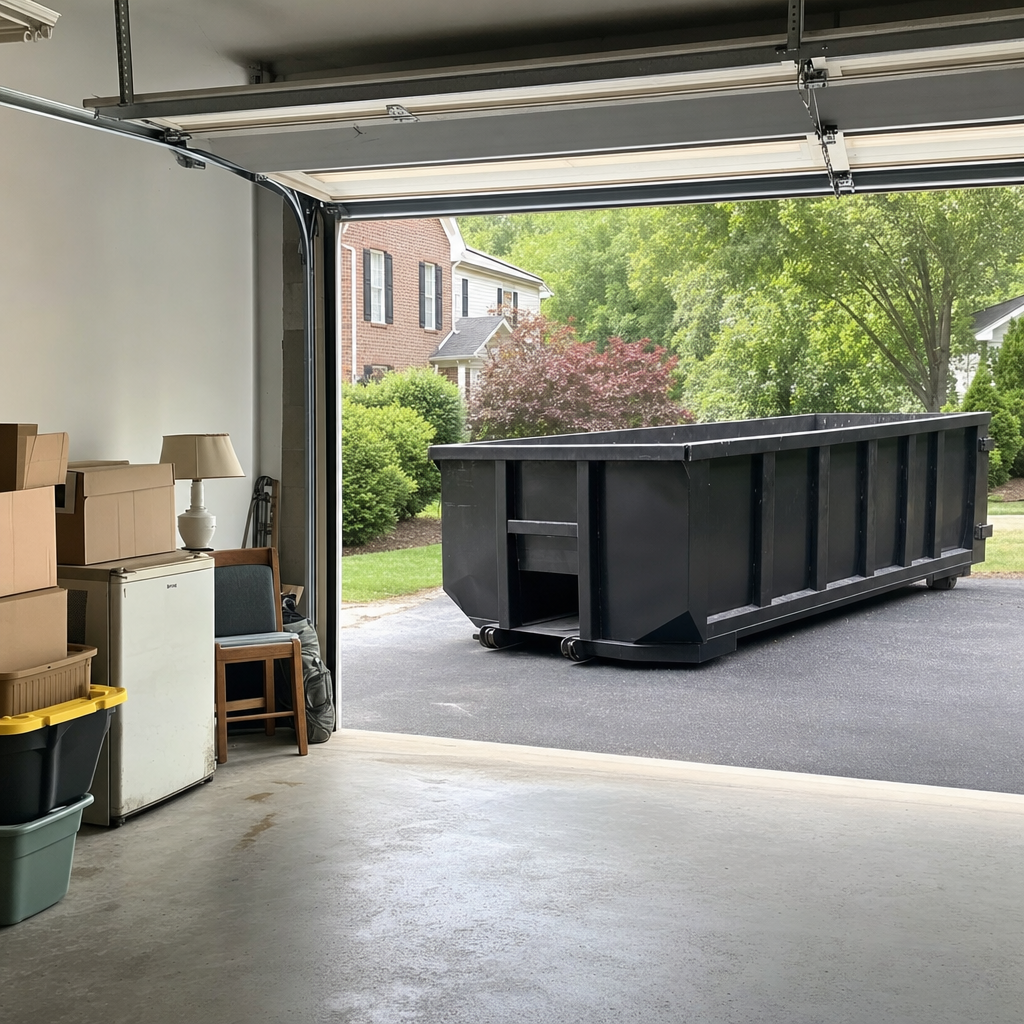 Open garage interior in a Fort Smith home mid-cleanout — boxed items, an old appliance, and stacked yard tools queued near the driveway for a matte-black roll-off dumpster, organized and calm