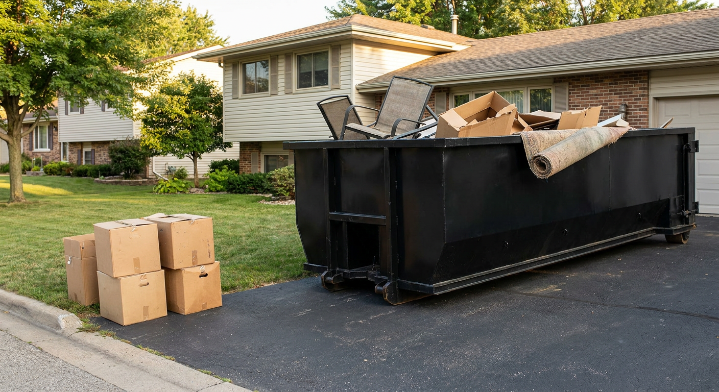 Front-yard view of a Fort Smith split-level home with a 20-yard matte-black roll-off dumpster sitting directly on the asphalt driveway, a few clearly labeled donation boxes staged at the curb, calm sunny afternoon.