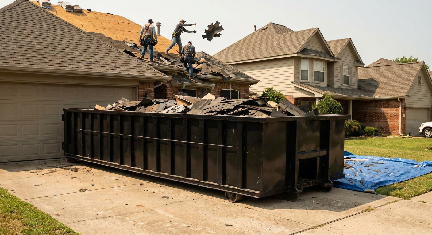 Matte-black roofing roll-off dumpster placed directly on a Fort Smith residential concrete driveway, a tear-off crew on a two-story asphalt-shingle roof tossing shingle bundles into the low-walled container, bright daylight, documentary 35mm perspective.