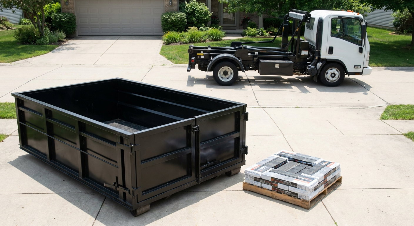 Matte-black 15-yard roofing roll-off dumpster with reinforced low side walls sitting directly on a Fort Smith residential concrete driveway, three-tab asphalt shingle bundles stacked nearby, an unmarked white hauler truck partially visible at the edge of the frame.