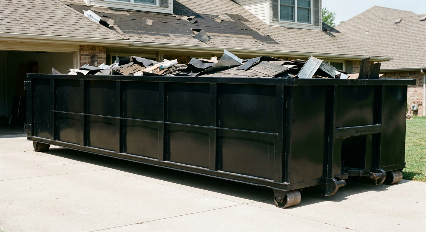 Matte-black 20-yard roofing roll-off dumpster with steel ribbed sides and swinging rear door, sitting directly on the concrete driveway of a two-story Fort Smith home, asphalt shingle debris being loaded over the low wall, clean documentary lighting.