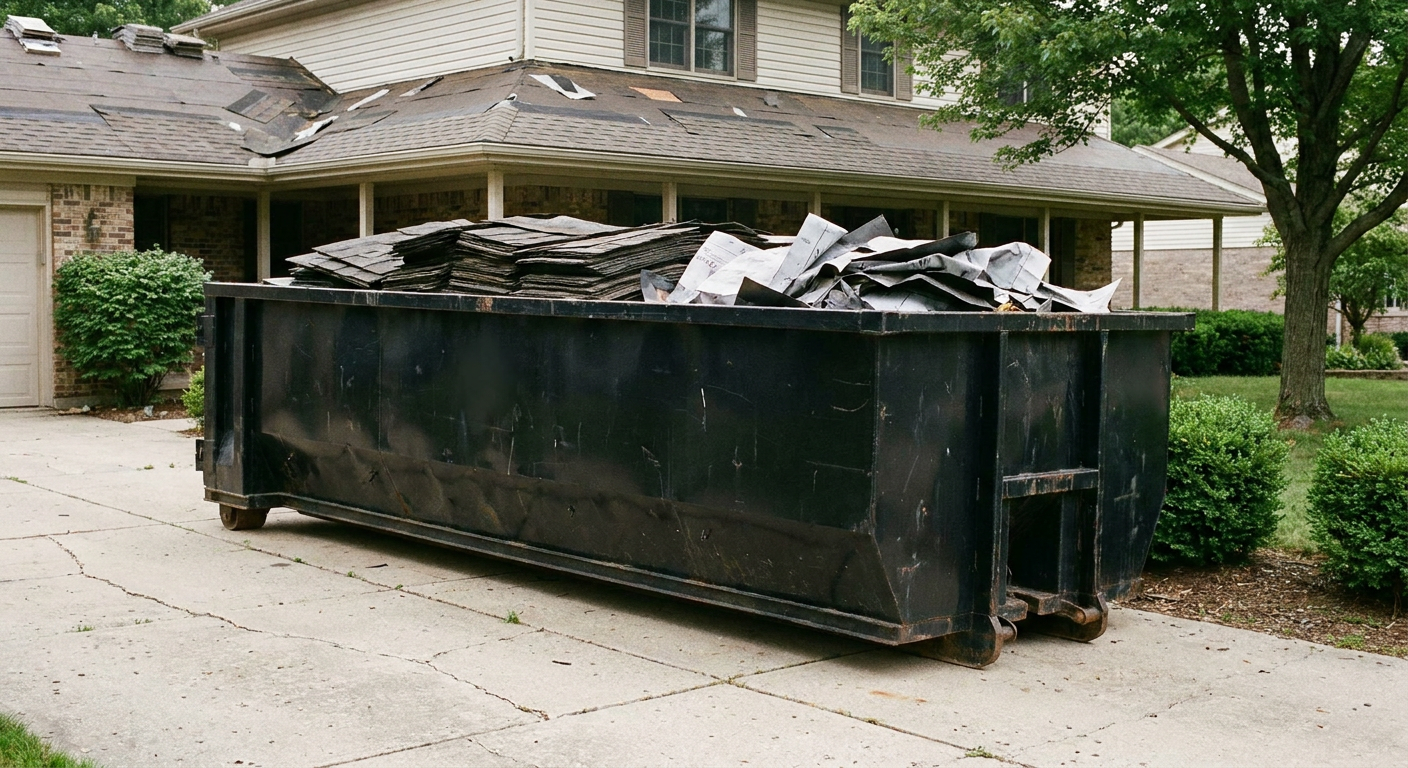 Matte-black 30-yard roofing roll-off dumpster sitting directly on a Fort Smith concrete driveway, taller ribbed steel side panels, mixed tear-off debris of asphalt shingles and underlayment inside, professional documentary daylight.