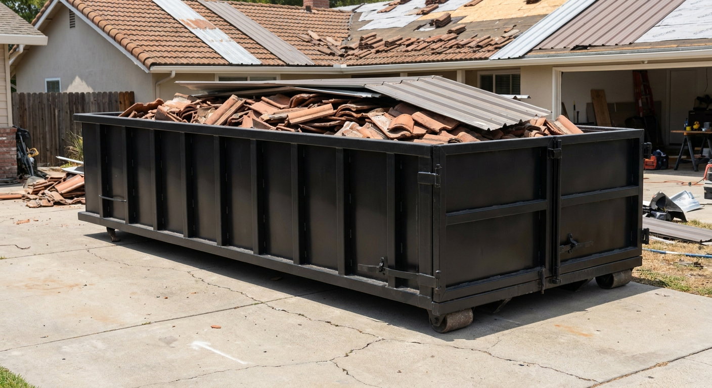 Matte-black low-wall heavy-debris roofing roll-off dumpster sitting directly on a Fort Smith concrete driveway, broken concrete clay roof tiles and metal panel sections loaded inside, reinforced ribbed steel side walls visible, bright outdoor daylight.
