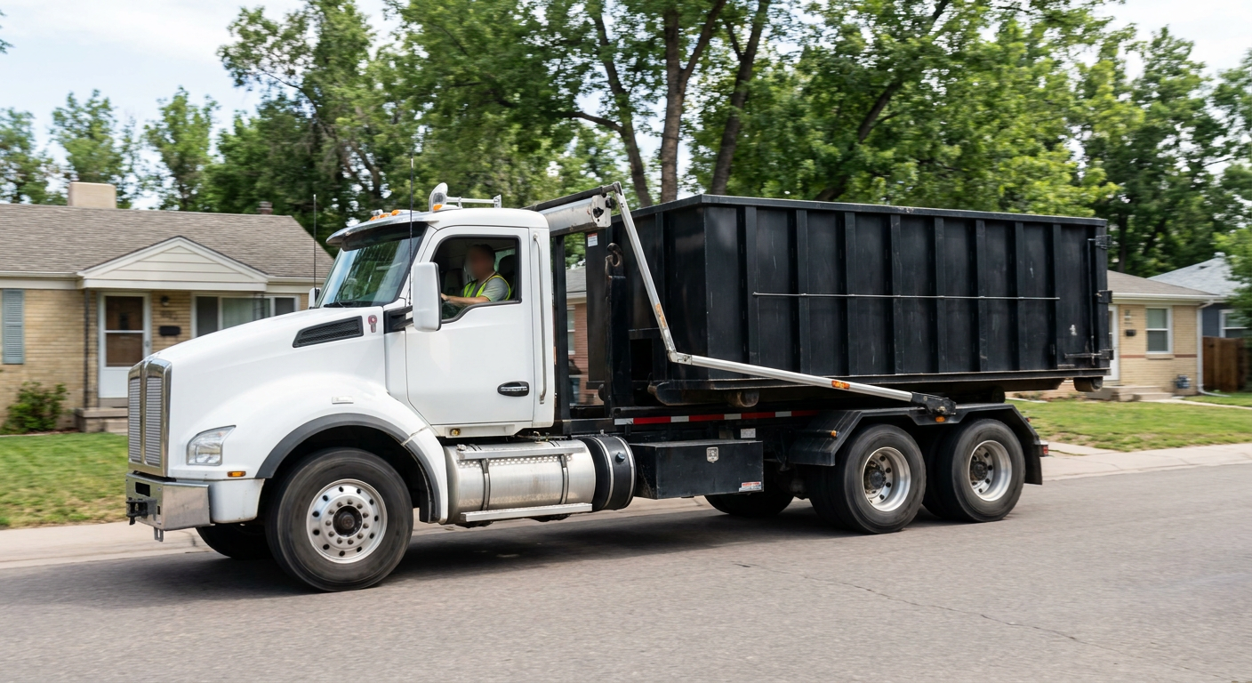 A wide documentary shot of a matte-black roll-off delivery truck pulling onto a quiet Fort Smith residential street at mid-morning, with neighborhood rooftops and tree-lined blocks visible behind, showing the metro coverage footprint.