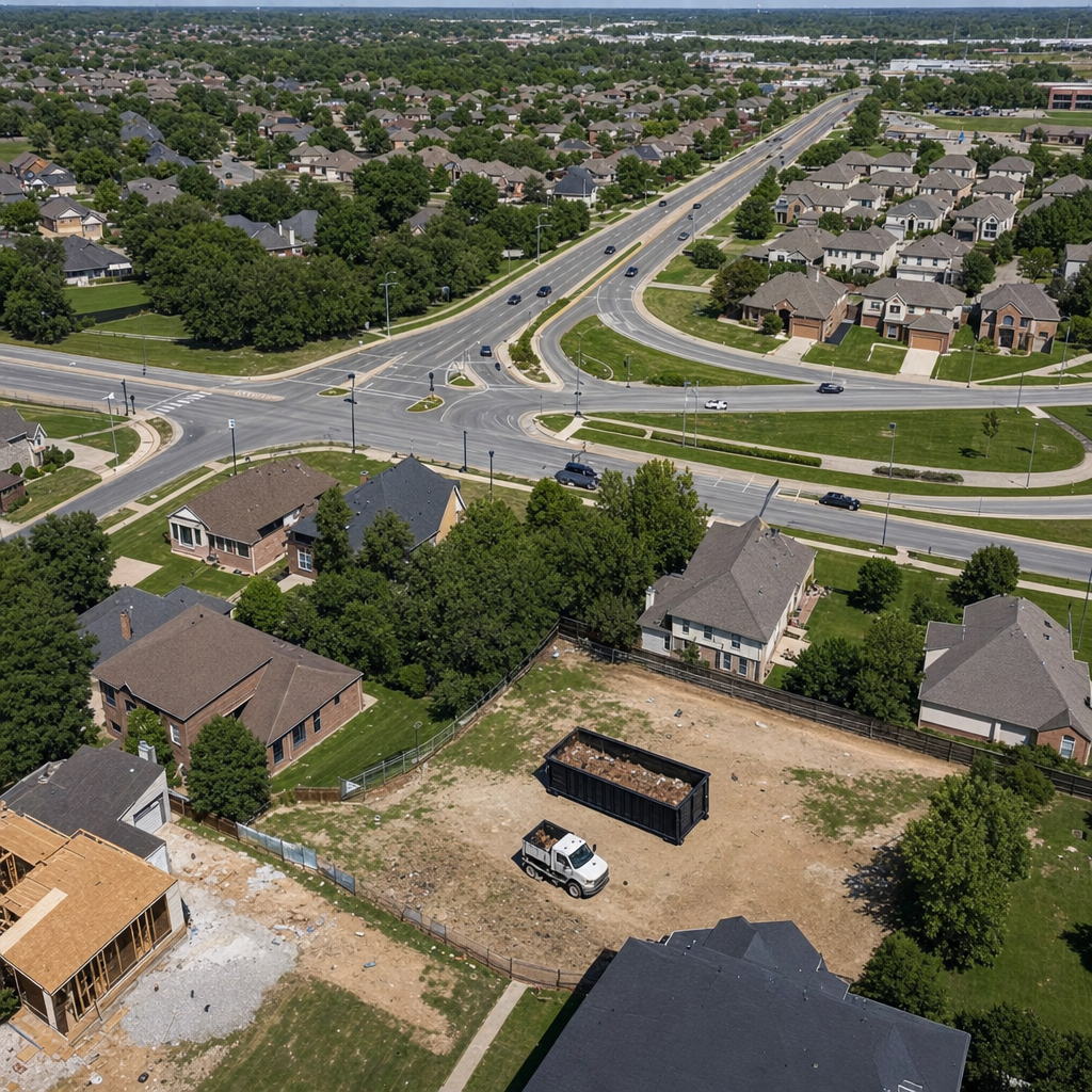 An overhead documentary view of the Fort Smith metro area at midday, showing the spread of neighborhoods, arterial roads, and the dispatch radius from a central yard — clean daylight, organized geographic layout.