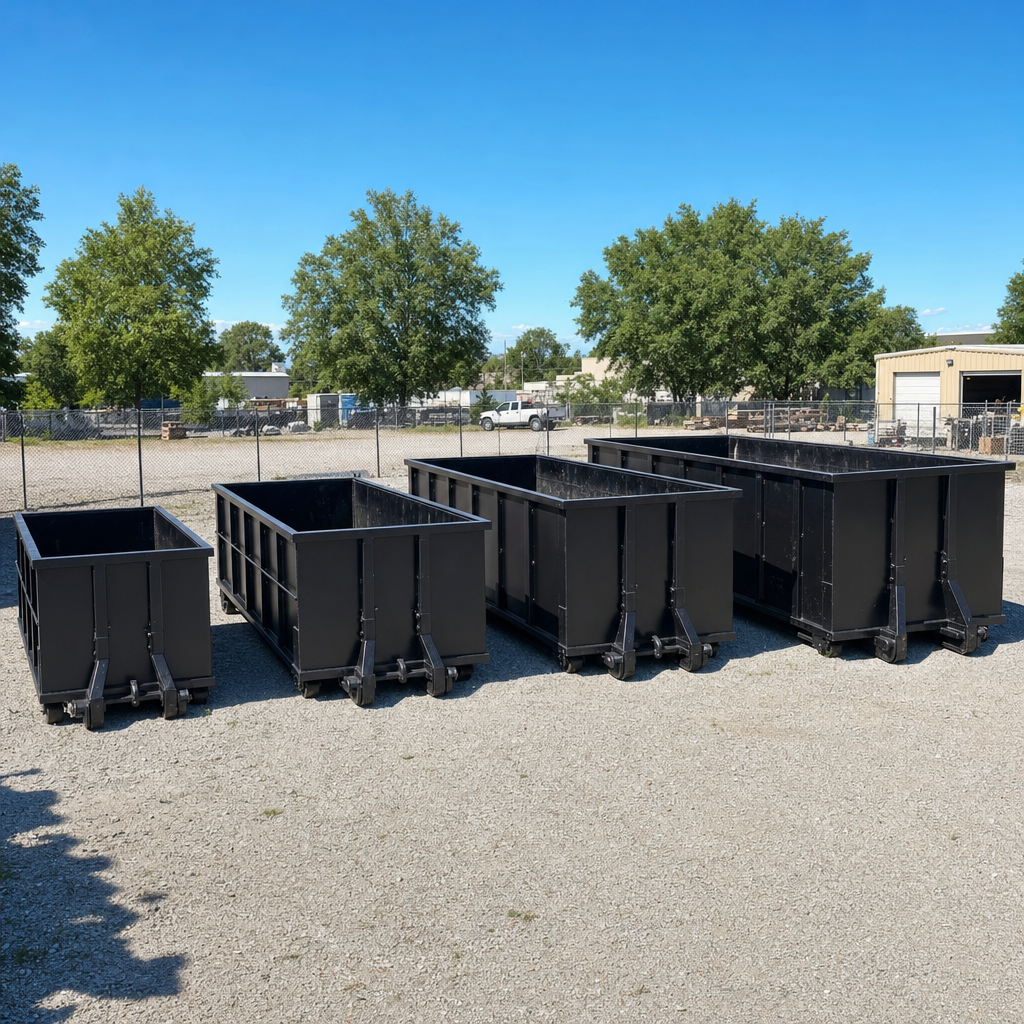 A clean lineup of matte-black roll-off dumpsters in 10, 20, 30, and 40-yard sizes staged on a sunlit gravel yard in Fort Smith, showing the size progression from compact to commercial-scale containers.