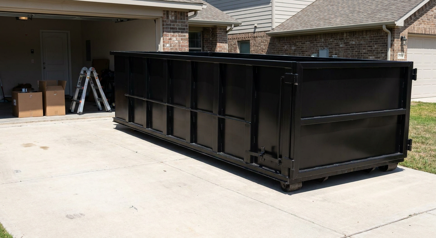 A matte-black 10-yard roll-off dumpster sitting directly on a residential Fort Smith concrete driveway, mid-day sunlight, clean and ready for a garage cleanout.