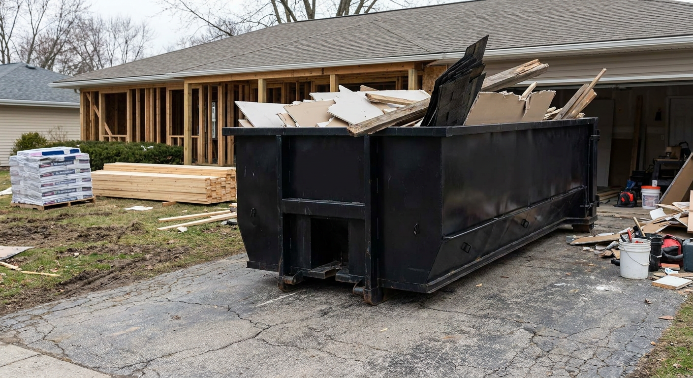A matte-black 20-yard roll-off dumpster placed alongside a mid-renovation Fort Smith home directly on the asphalt driveway, with framing materials and torn-off shingles staged neatly nearby.