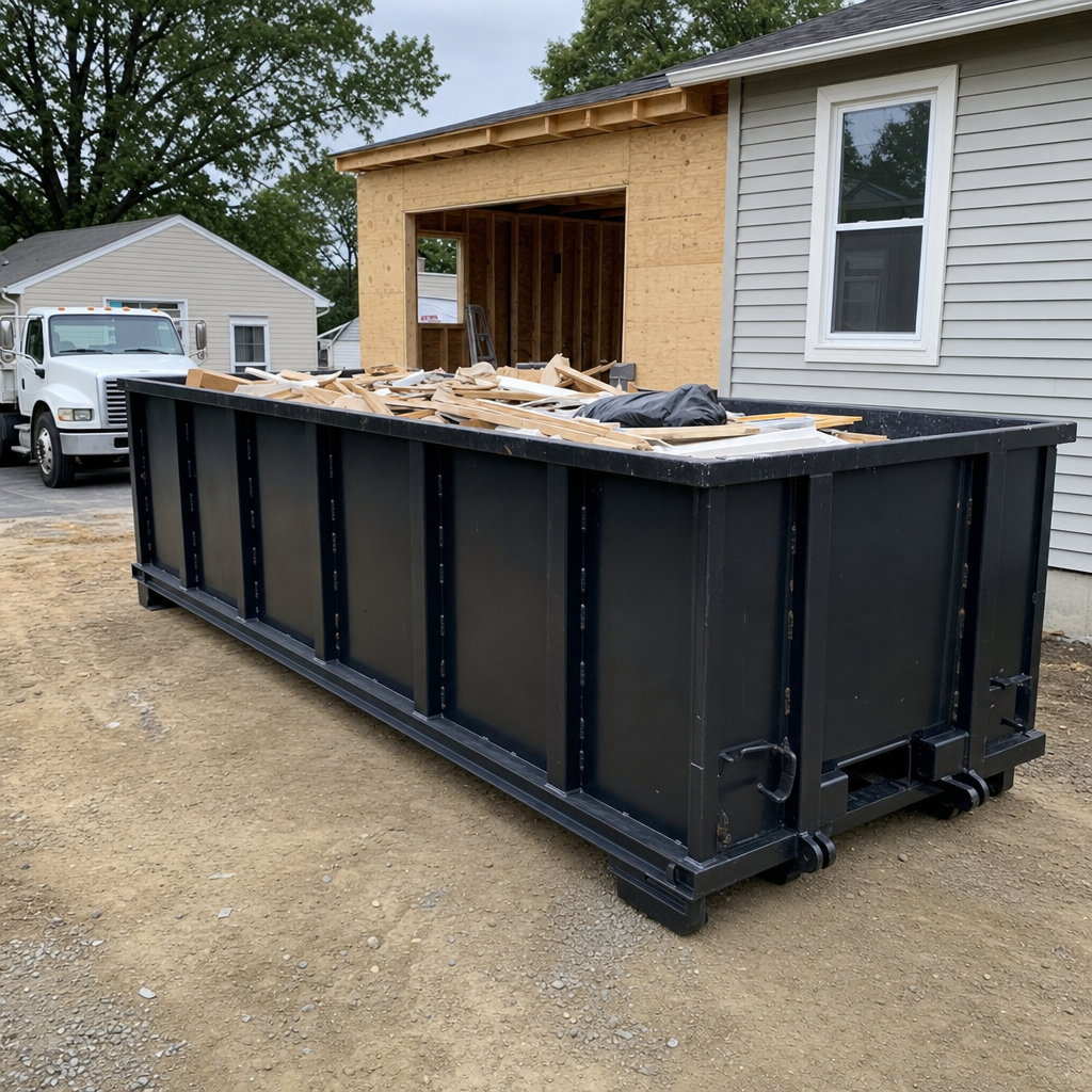 A matte-black 30-yard roll-off dumpster positioned at a Fort Smith residential addition jobsite, with framing lumber and drywall scraps loaded through the open swinging rear doors.