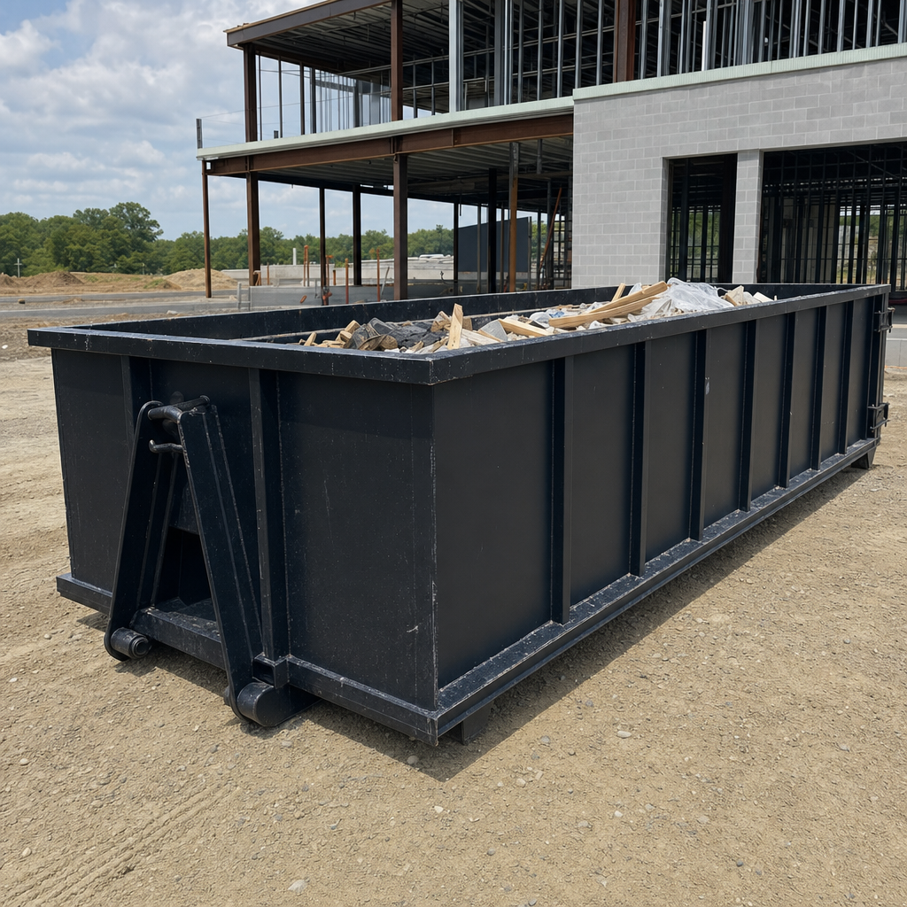 A matte-black 40-yard roll-off dumpster staged on a large Fort Smith commercial construction lot, with a hooklift delivery truck parked alongside under bright midday sky.