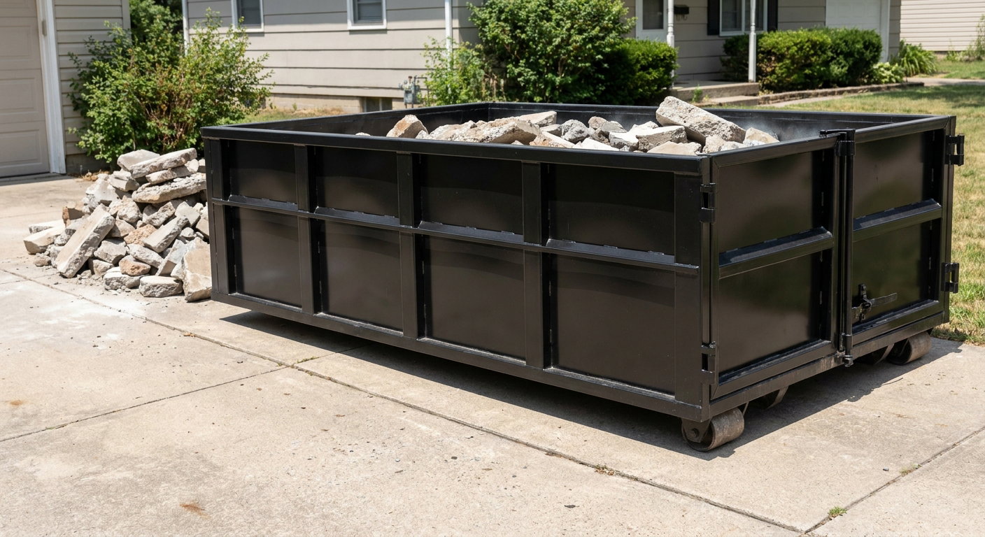 A matte-black low-side heavy-debris roll-off dumpster placed directly on a Fort Smith concrete driveway, with broken concrete chunks neatly stacked beside it under clean daylight.